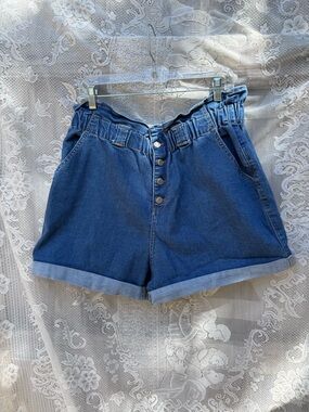 Wax Jean Dark Blue Paperbag Button-Front Denim Shorts
